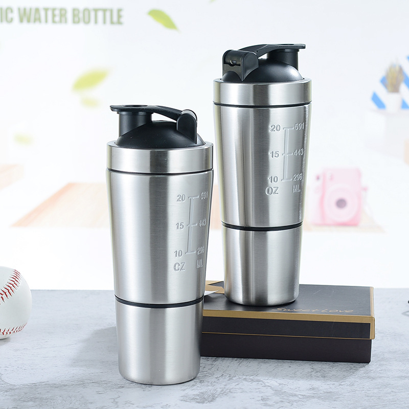 Νέος shaker από ανοξείδωτο ατσάλι 304 με δύο διαμερίσματα και κλίμακα μέτρησης, φορητό μπουκάλι πρωτεϊνικά shakes