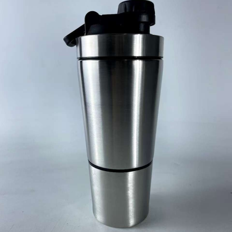 Νέος shaker από ανοξείδωτο ατσάλι 304 με δύο διαμερίσματα και κλίμακα μέτρησης, φορητό μπουκάλι πρωτεϊνικά shakes