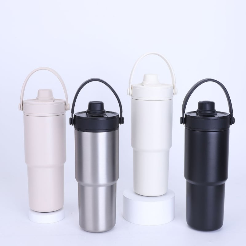 Cană termoizolantă 735 ml, interior ceramic, mare capacitate, mâner portabil, cană pentru mașină