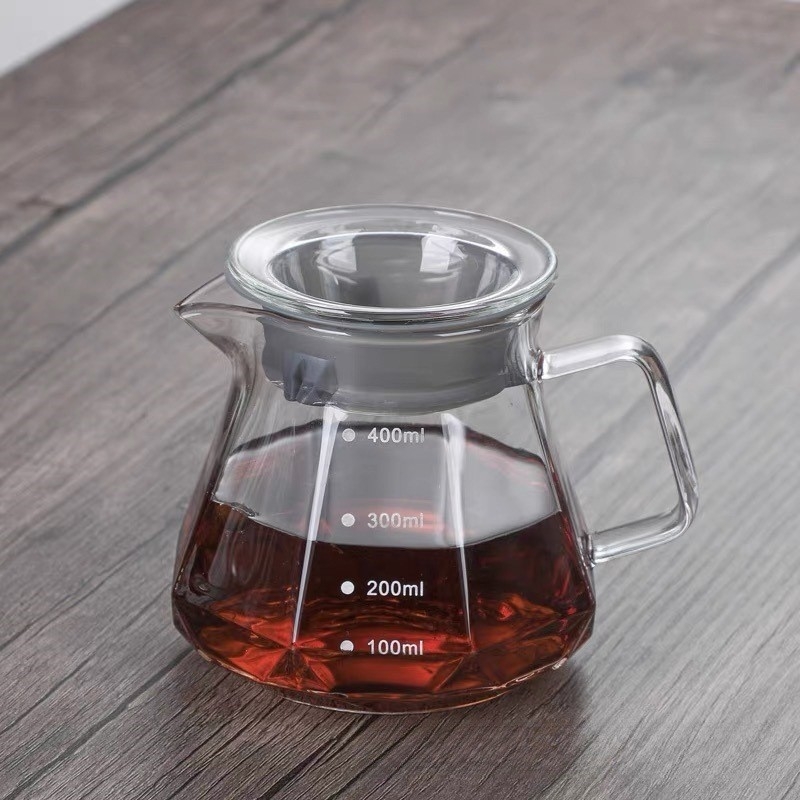 Cană de filtrare din sticlă cu formă octogonal diamant, cu pâlnie, borosilicată înaltă, transparentă sau fumuriu, 400 ml sau 600 ml