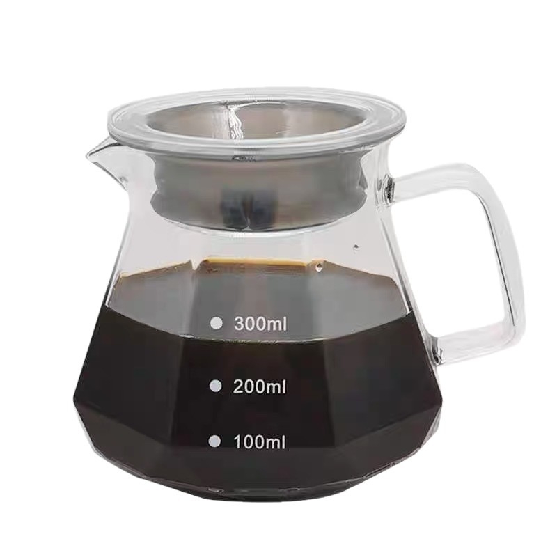 Cană de filtrare din sticlă cu formă octogonal diamant, cu pâlnie, borosilicată înaltă, transparentă sau fumuriu, 400 ml sau 600 ml