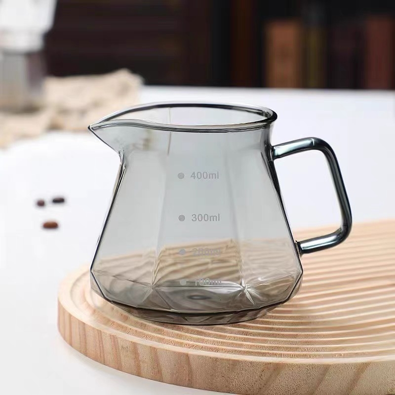 Cană de filtrare din sticlă cu formă octogonal diamant, cu pâlnie, borosilicată înaltă, transparentă sau fumuriu, 400 ml sau 600 ml