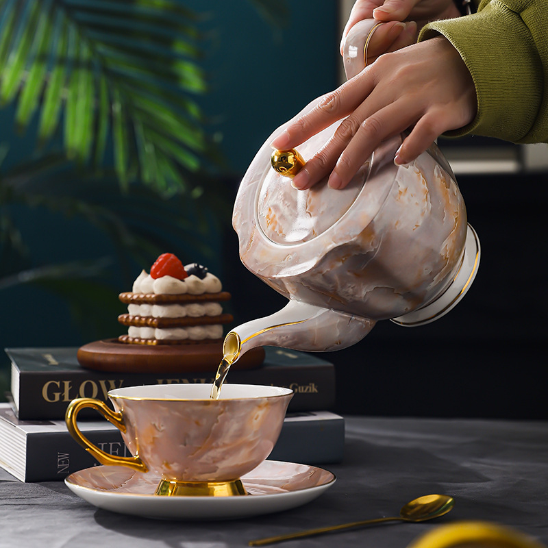Set cafea din bone china, stil european, ceainic și fierbător pentru turnare