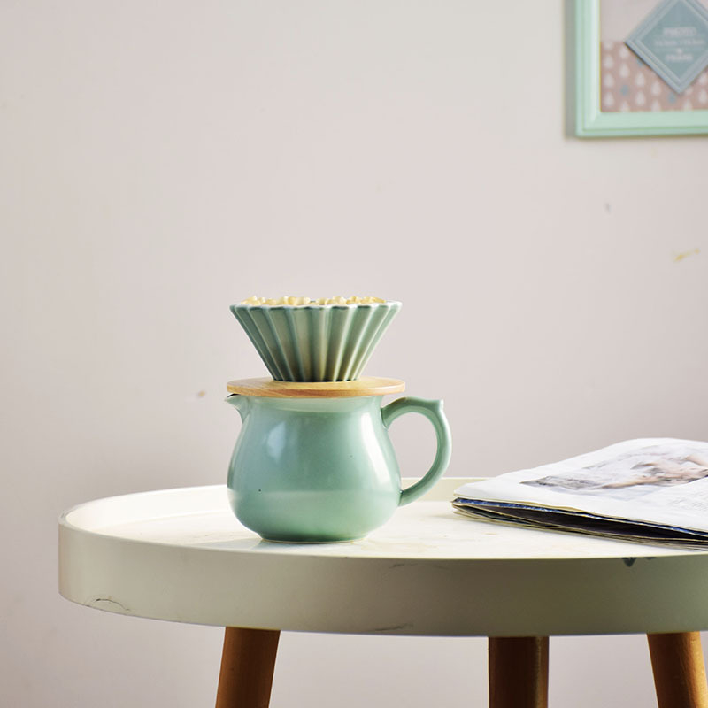 Set ceramic pour-over cafea pentru 1–2 porții, filtru conic origami și recipient comun cu capac