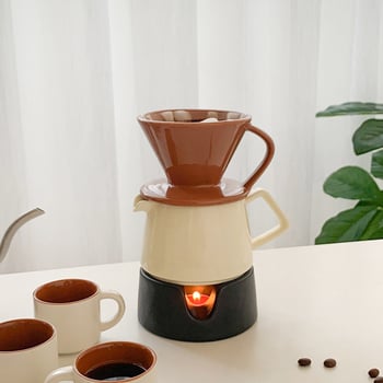Set ceramic pentru cafea: ceașcă cu filtru pentru preparare manuală, filtru-funelă și oală de cafea