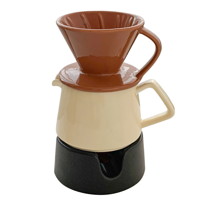 Set ceramic pentru cafea: ceașcă cu filtru pentru preparare manuală, filtru-funelă și oală de cafea