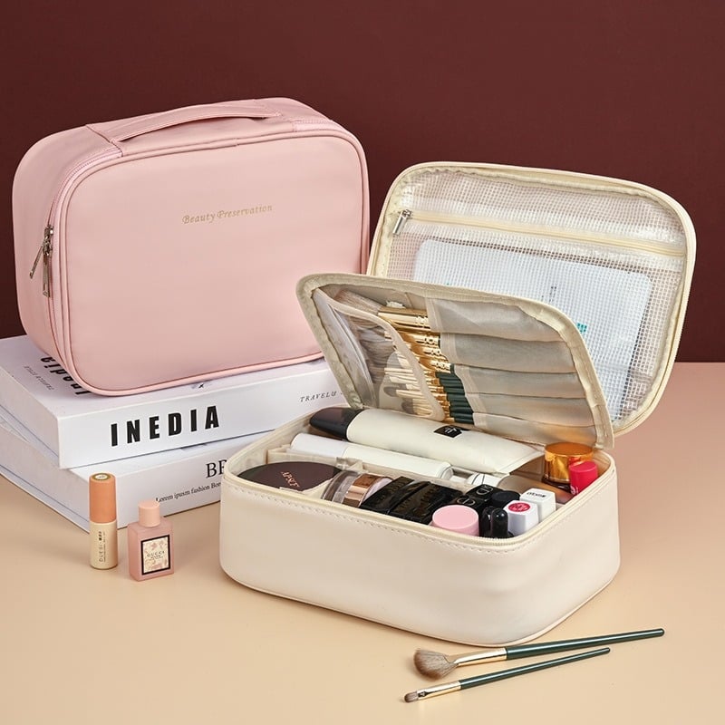 Geantă de make-up din PU, multifuncțională, cu capacitate mare, în formă cubică, pentru călătorii, design modern minimalist