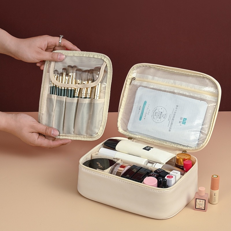 Geantă de make-up din PU, multifuncțională, cu capacitate mare, în formă cubică, pentru călătorii, design modern minimalist