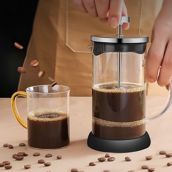 Presa franțuzească din sticlă, cu capac din lemn, sticlă borosiliatică rezistentă la temperaturi, pentru cafea și ceai verde