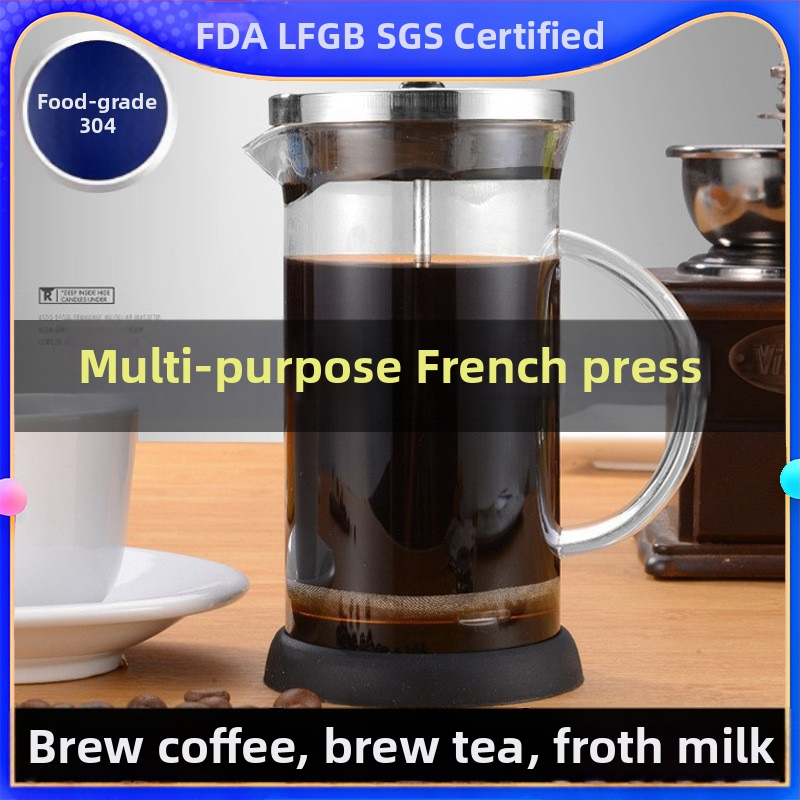Presa franțuzească din sticlă, cu capac din lemn, sticlă borosiliatică rezistentă la temperaturi, pentru cafea și ceai verde