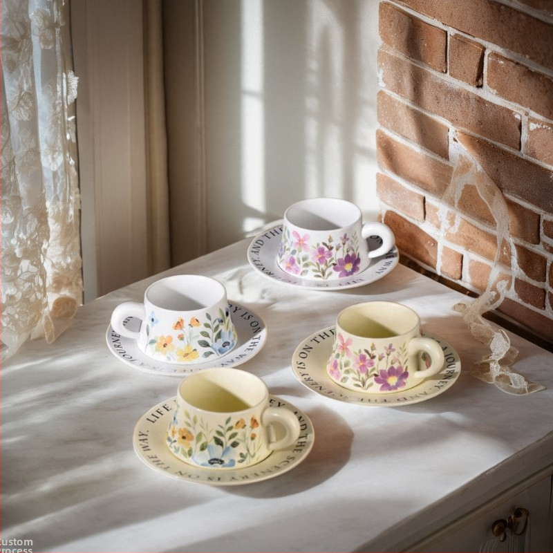 Set ceramic pentru cafea cu ceașcă și farfurie, model floral — narcise și orhidee Phalaenopsis, stil franțuzesc retro, lux.