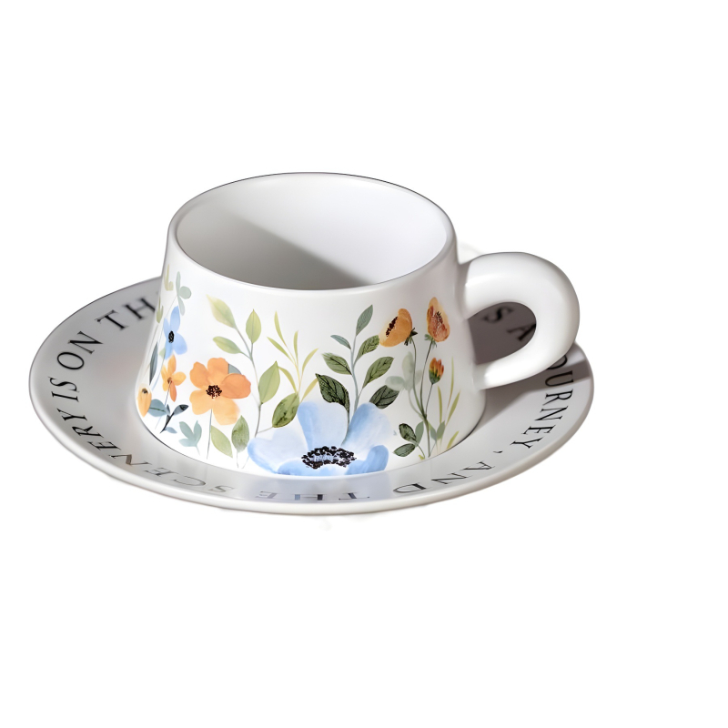Set ceramic pentru cafea cu ceașcă și farfurie, model floral — narcise și orhidee Phalaenopsis, stil franțuzesc retro, lux.