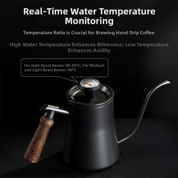 Ceainic pentru infuzare din oțel inoxidabil 304 cu mâner din lemn în formă de aripă de pui, termometru, gură lungă, talie subțire, 550 ml