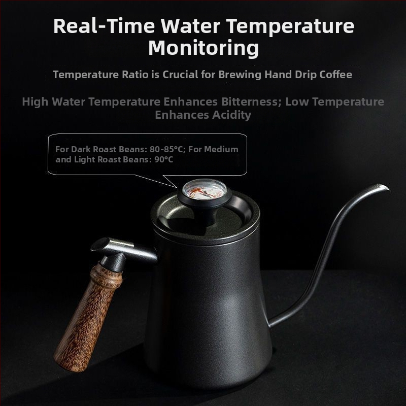 Ceainic pentru infuzare din oțel inoxidabil 304 cu mâner din lemn în formă de aripă de pui, termometru, gură lungă, talie subțire, 550 ml
