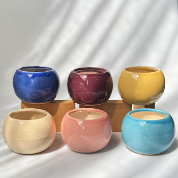 Ghiveci ceramic pentru suculente, glazură crackle în nuanțe macaron, decor de birou