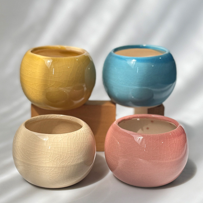 Ghiveci ceramic pentru suculente, glazură crackle în nuanțe macaron, decor de birou