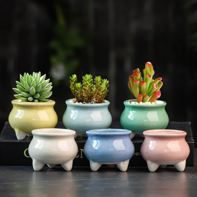 Ghiveci ceramic mic pentru suculente, cu picioare înalte, design simplu și creativ, decor pentru birou și balcon