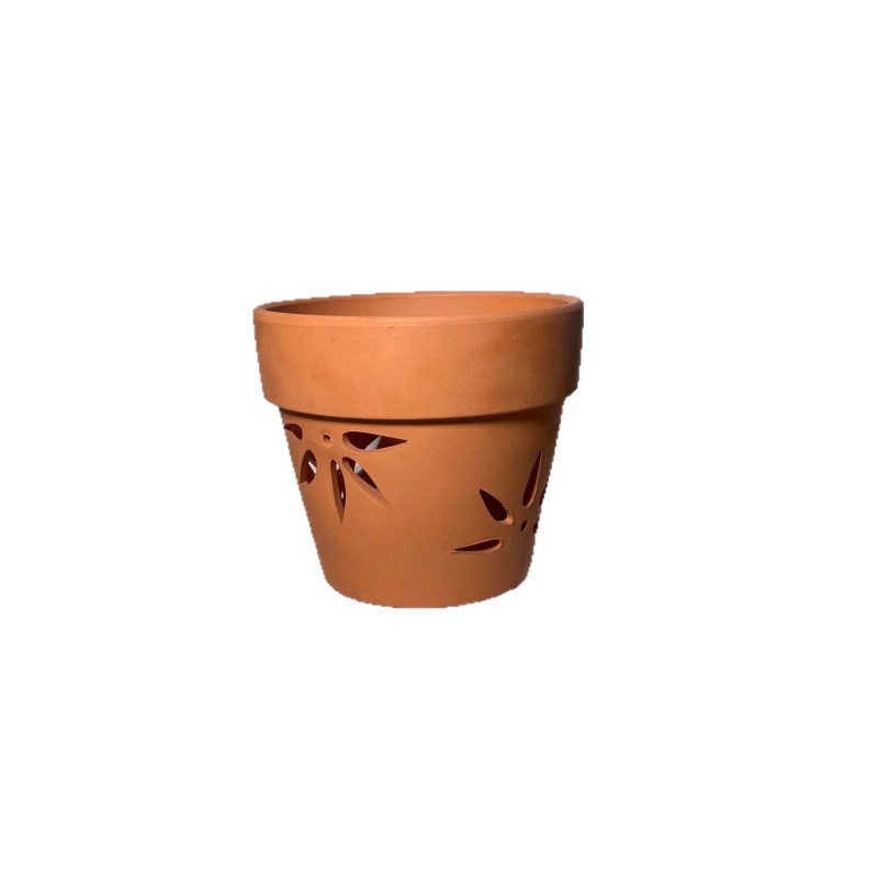 Ghiveci de flori din ceramică roșie cu găuri laterale, respirabil, cu capacitate de absorbție a apei; poate fi montat pe perete, pe birou sau pe podea