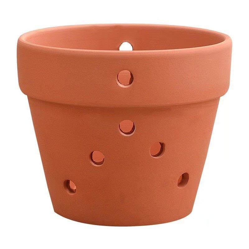 Ghiveci de flori din ceramică roșie cu găuri laterale, respirabil, cu capacitate de absorbție a apei; poate fi montat pe perete, pe birou sau pe podea