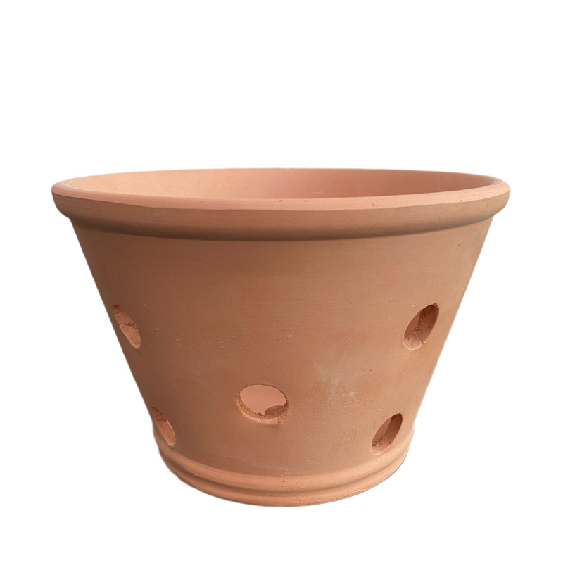 Ghiveci de flori din ceramică roșie cu găuri laterale, respirabil, cu capacitate de absorbție a apei; poate fi montat pe perete, pe birou sau pe podea