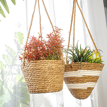 Coș suspendat din ratan pentru plante, cu ghiveci, decor împletit pentru interior cu plante artificiale