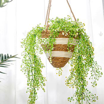 Coș suspendat din ratan pentru plante, cu ghiveci, decor împletit pentru interior cu plante artificiale