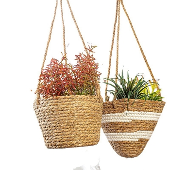 Coș suspendat din ratan pentru plante, cu ghiveci, decor împletit pentru interior cu plante artificiale