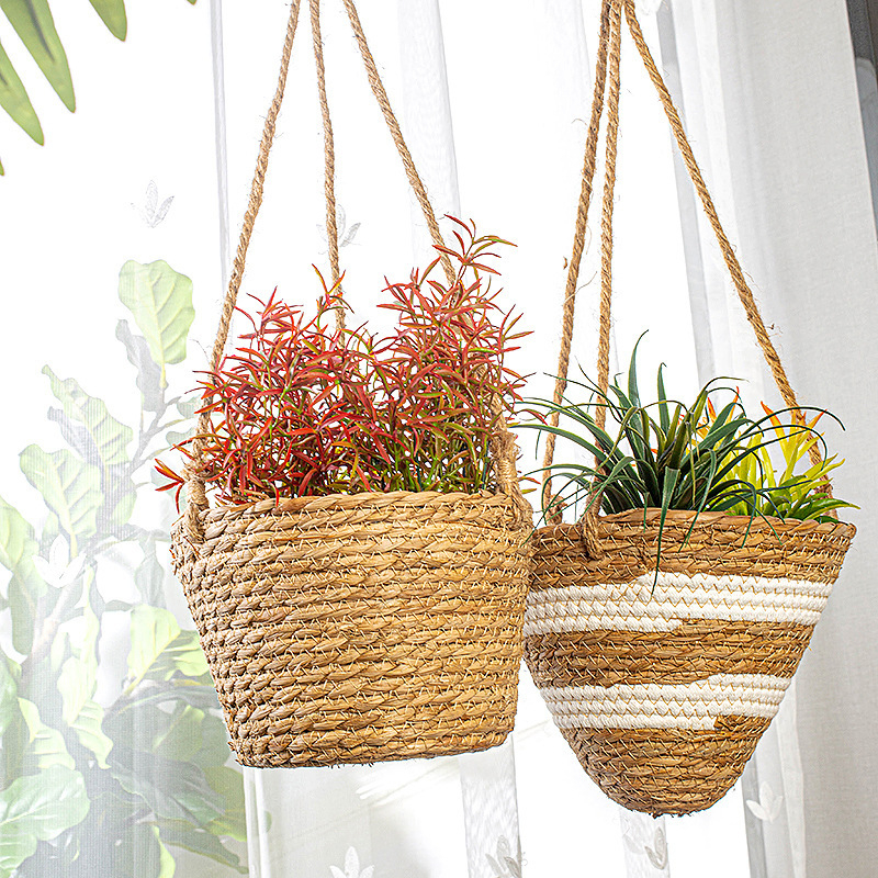 Coș suspendat din ratan pentru plante, cu ghiveci, decor împletit pentru interior cu plante artificiale