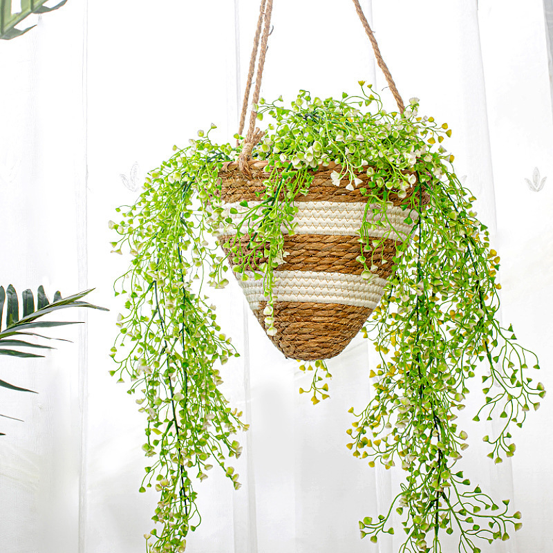 Coș suspendat din ratan pentru plante, cu ghiveci, decor împletit pentru interior cu plante artificiale