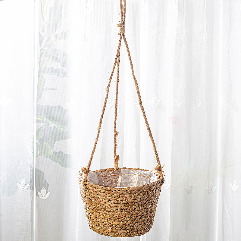 Coș suspendat din ratan pentru plante, cu ghiveci, decor împletit pentru interior cu plante artificiale