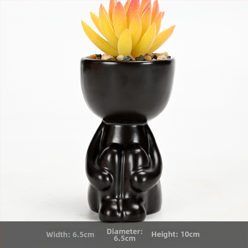Ghiveci ceramic pentru suculente, finisaj mat negru și alb, cu figurina decorativă mică, pentru interior și balcon