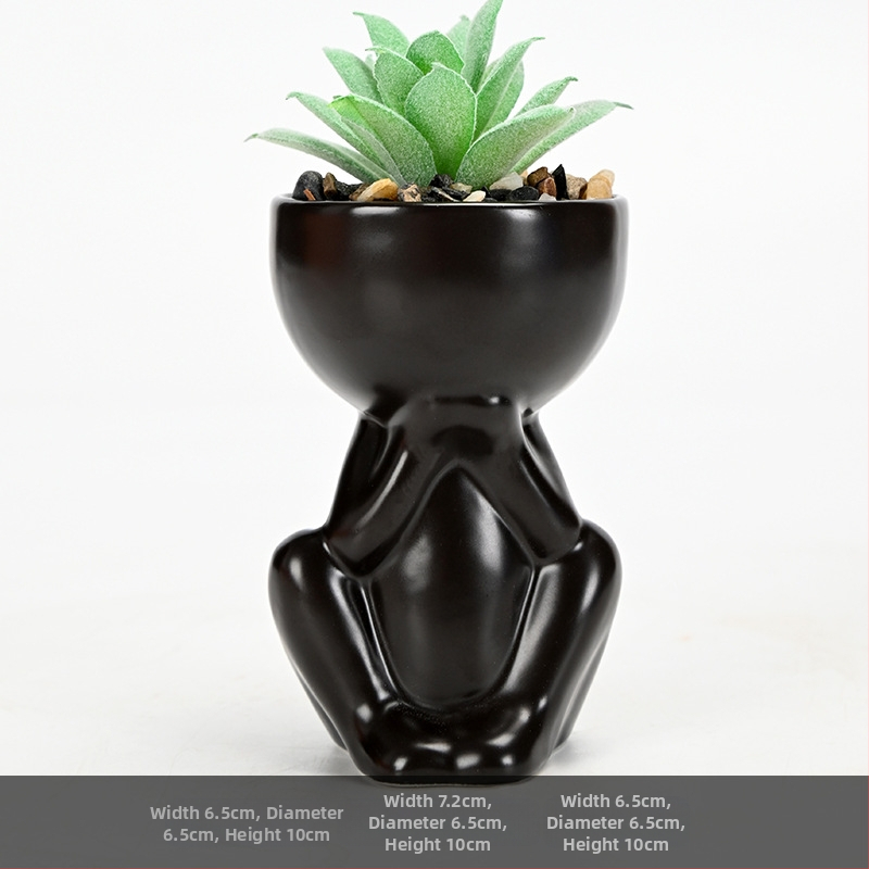 Ghiveci ceramic pentru suculente, finisaj mat negru și alb, cu figurina decorativă mică, pentru interior și balcon