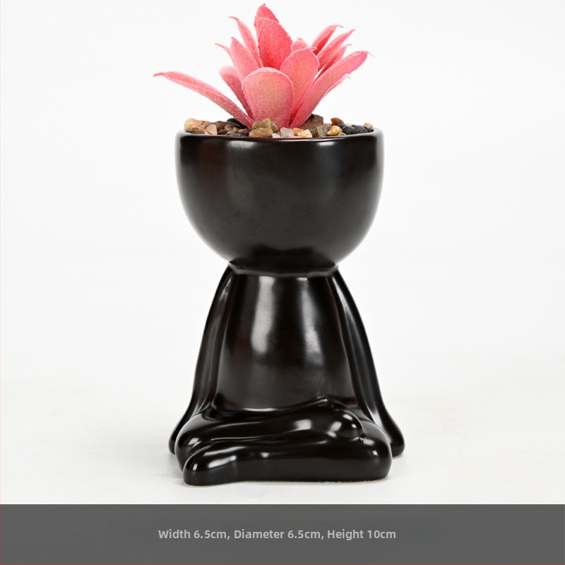 Ghiveci ceramic pentru suculente, finisaj mat negru și alb, cu figurina decorativă mică, pentru interior și balcon