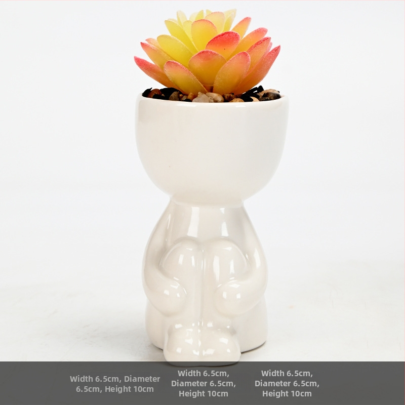 Ghiveci ceramic pentru suculente, finisaj mat negru și alb, cu figurina decorativă mică, pentru interior și balcon