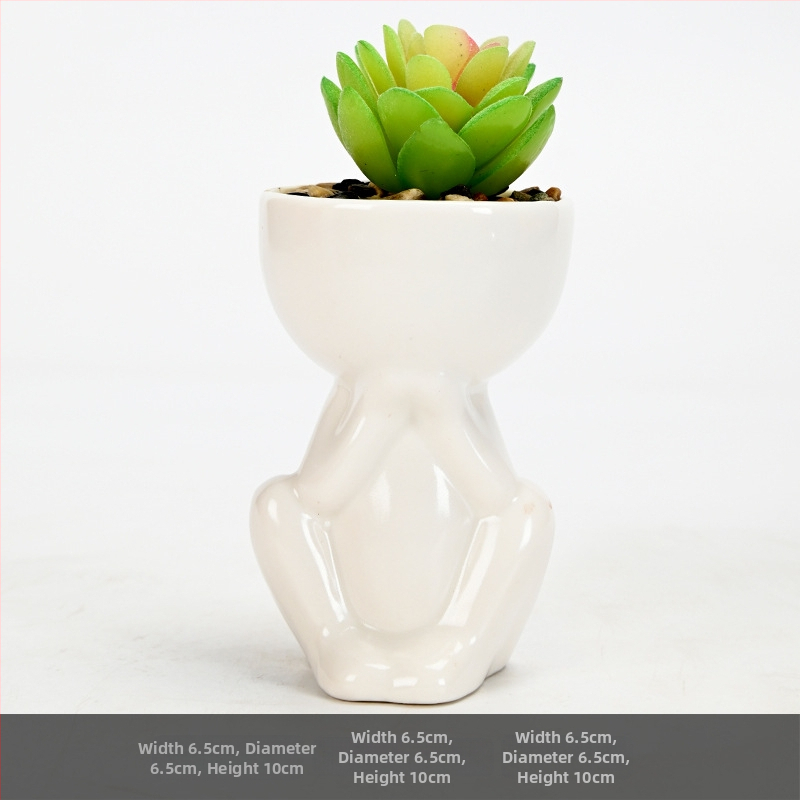 Ghiveci ceramic pentru suculente, finisaj mat negru și alb, cu figurina decorativă mică, pentru interior și balcon