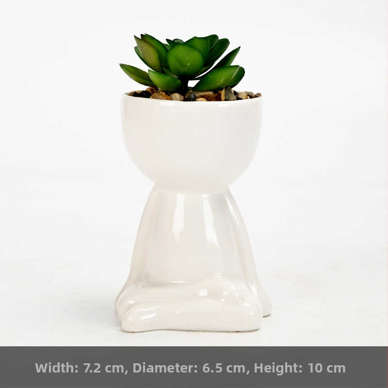 Ghiveci ceramic pentru suculente, finisaj mat negru și alb, cu figurina decorativă mică, pentru interior și balcon