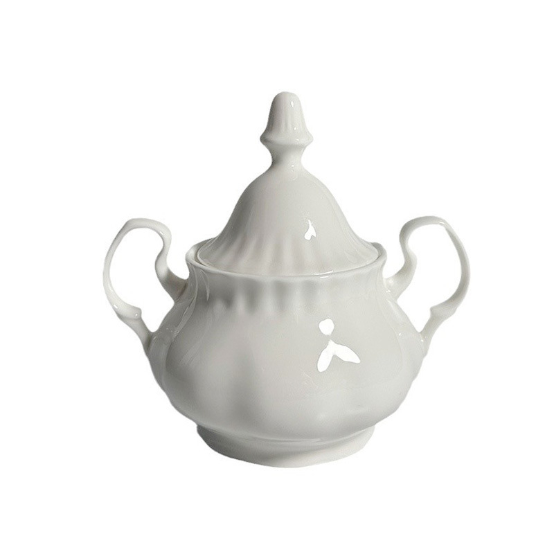 Set elegant vintage din ceramic pentru cafea: cafetieră ceramică, borcănel de zahăr, recipient pentru lapte, vas în formă de dovleac, ceainic alb cu relief, sticlă de apă cu capacitate mare