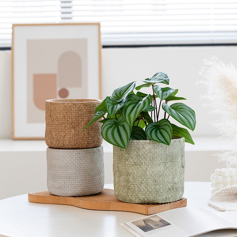 Ghiveci de ciment în stil nordic, minimalist și creativ, diametru mare, textură de in, pentru plante verzi, pothos și suculente