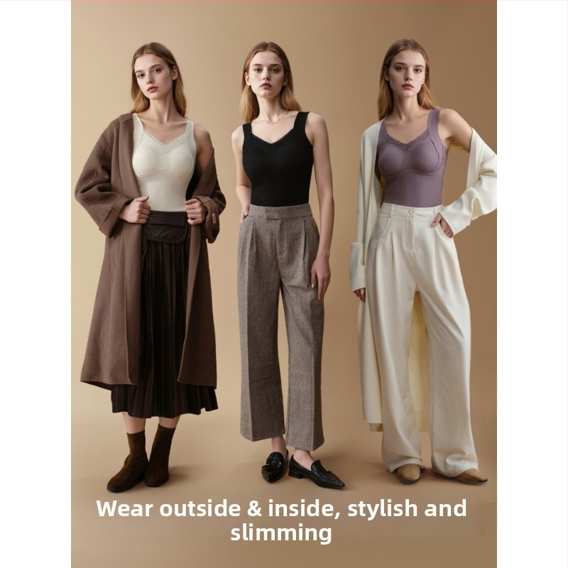 Vestă caldă pentru femei, căptușită cu fleece, cu pernuțe pentru sân încorporate, fără sutien, modelare și susținere, strat de bază de iarnă