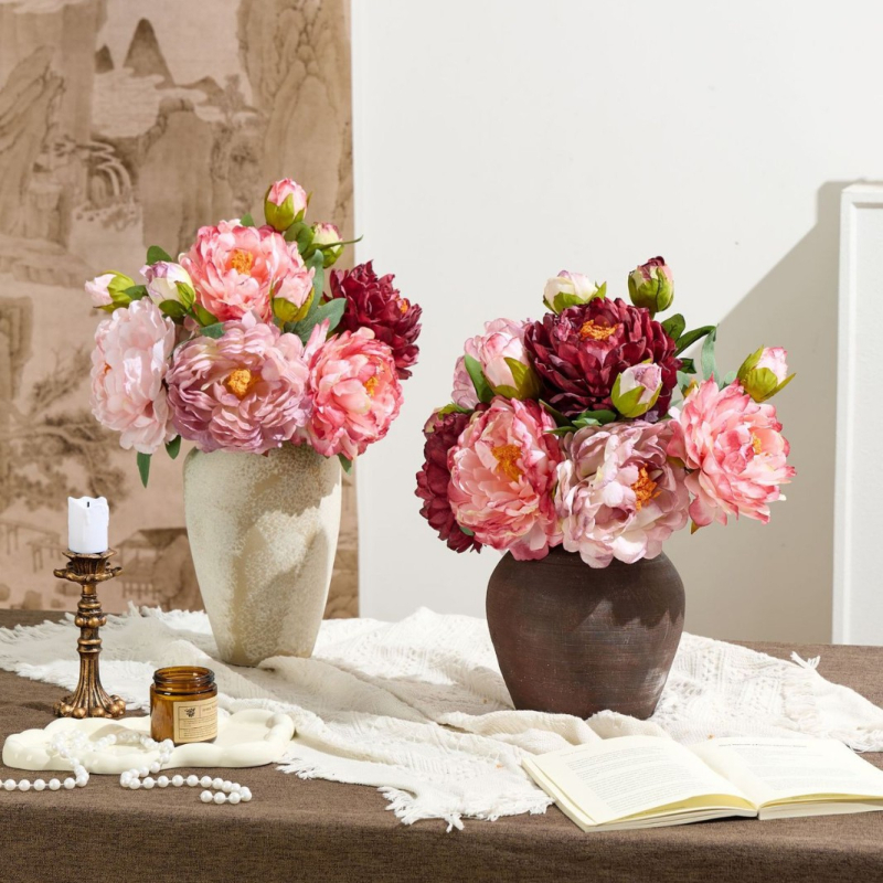 Floare de bujor din mătase artificială, stil pictură în ulei vintage cu margine arsă, decor interior și recuzită fotografică