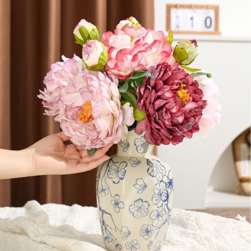 Floare de bujor din mătase artificială, stil pictură în ulei vintage cu margine arsă, decor interior și recuzită fotografică