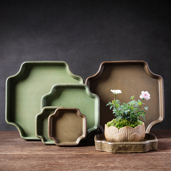Tavă ceramică cu glazură verde pentru interior, mini peisaj cu mușchi și bonsai, bază de farfurie pentru udare, dimensiune mare