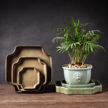 Tavă ceramică cu glazură verde pentru interior, mini peisaj cu mușchi și bonsai, bază de farfurie pentru udare, dimensiune mare