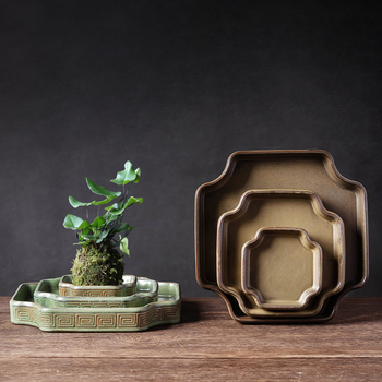 Tavă ceramică cu glazură verde pentru interior, mini peisaj cu mușchi și bonsai, bază de farfurie pentru udare, dimensiune mare