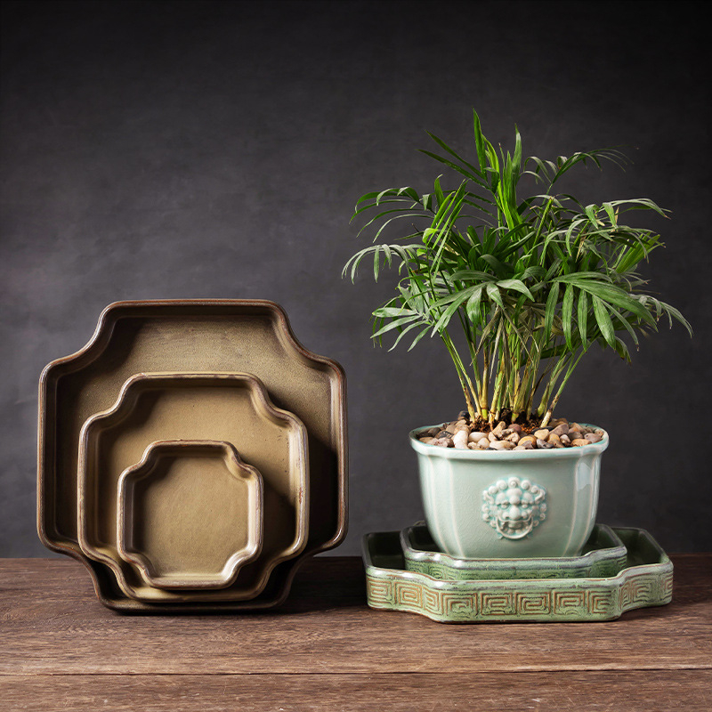 Tavă ceramică cu glazură verde pentru interior, mini peisaj cu mușchi și bonsai, bază de farfurie pentru udare, dimensiune mare