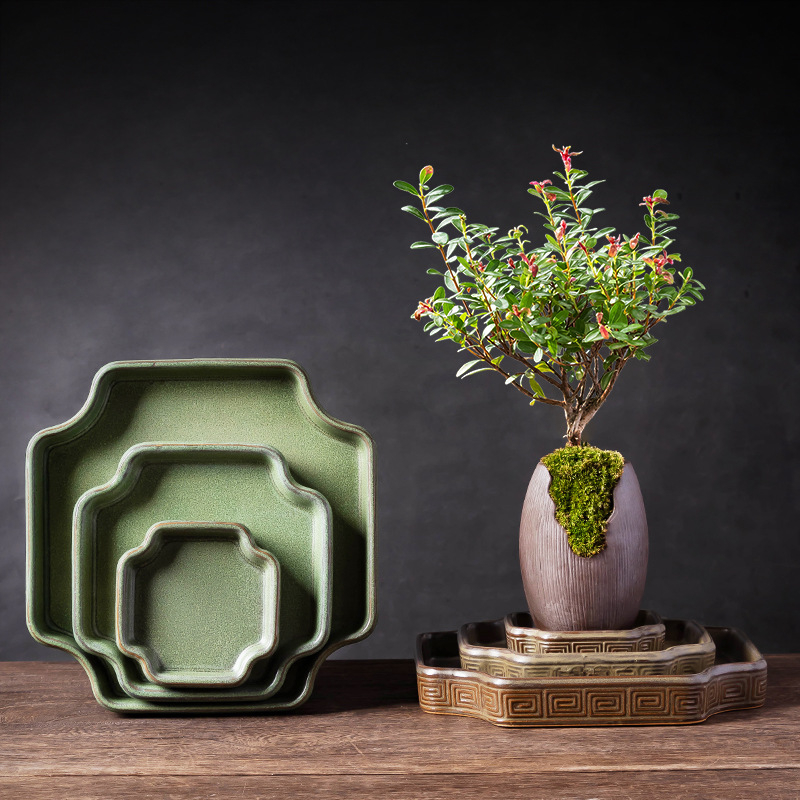 Tavă ceramică cu glazură verde pentru interior, mini peisaj cu mușchi și bonsai, bază de farfurie pentru udare, dimensiune mare