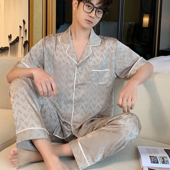 Muški trodijelni pidžama set od ice silk jacquard, ultra tanak, za proljeće, ljeto i jesen