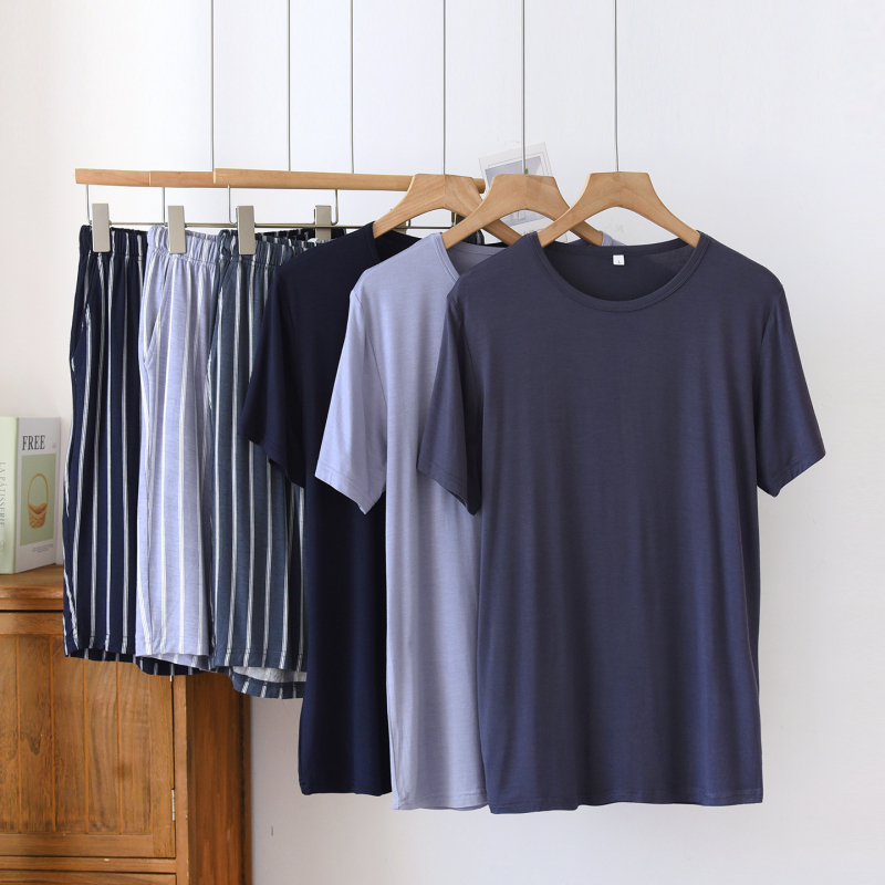 Muški modalni set za spavanje s color-block dizajnom i učinkom Ice Silk, kratke rukave i šorcevi s džepovima, udoban kućni komad