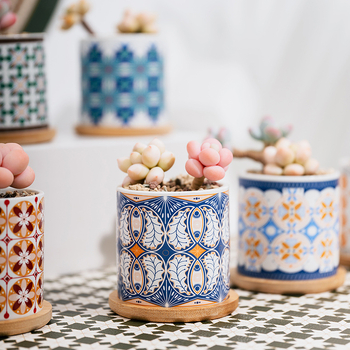 Ghiveci ceramic pentru suculente cu farfurie și decor cu decaluri, stil cadou pentru grădină