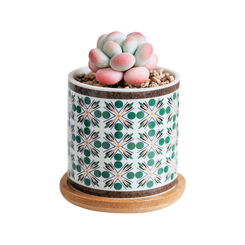 Ghiveci ceramic pentru suculente cu farfurie și decor cu decaluri, stil cadou pentru grădină